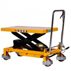Vue de 3/4 de la Table élévatrice manuelle 750kg Plateau 1000x510mm position mi hauteur