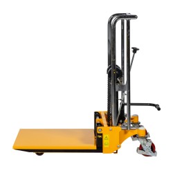 Vue de profil du mini gerbeur levée 850 mm avec plateforme position basse