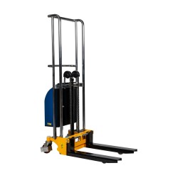 Vue de 3/4 arrière du mini gerbeur semi-électrique 1500mm fourches basses
