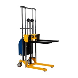 Vue de 3/4 arrière du mini gerbeur semi-électrique 1500mm fourches mi hautes