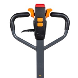 Zoom sur le timon du Transpalette Electrique 1500 kg fourches 1800 mm batterie lithium 40 Ah