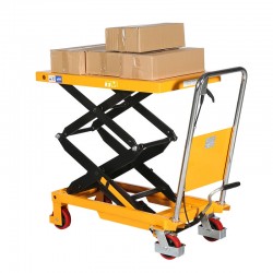 TABLE ÉLÉVATRICE MANUELLE Double Ciseaux 350kg Plateau 910X500mm en position mi haute avec charge